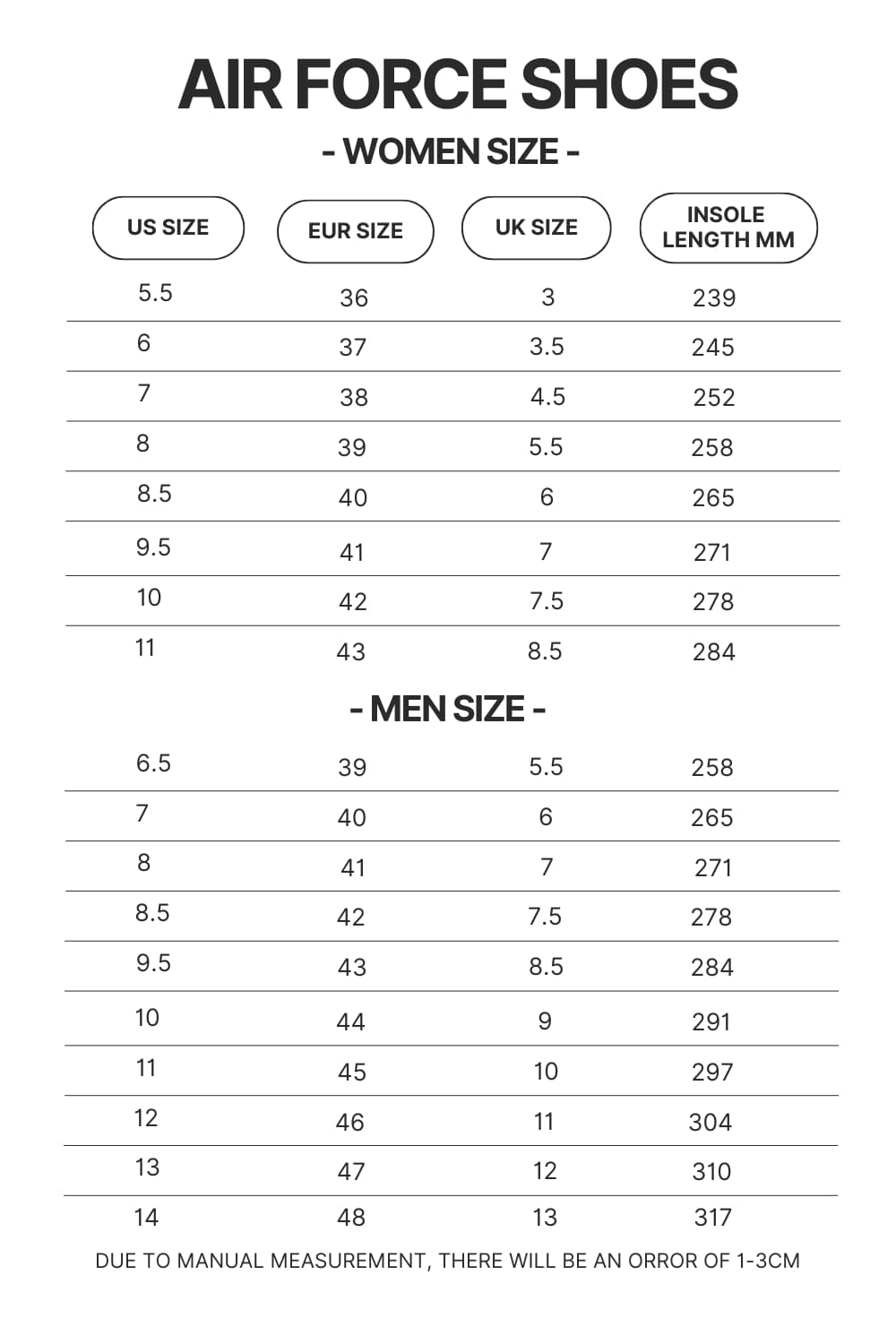 Air Force Shoes Size Chart - Black Pink Gifts