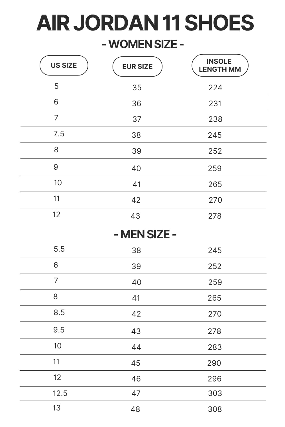 Air Jordan 11 Shoes Size Chart - Black Pink Gifts