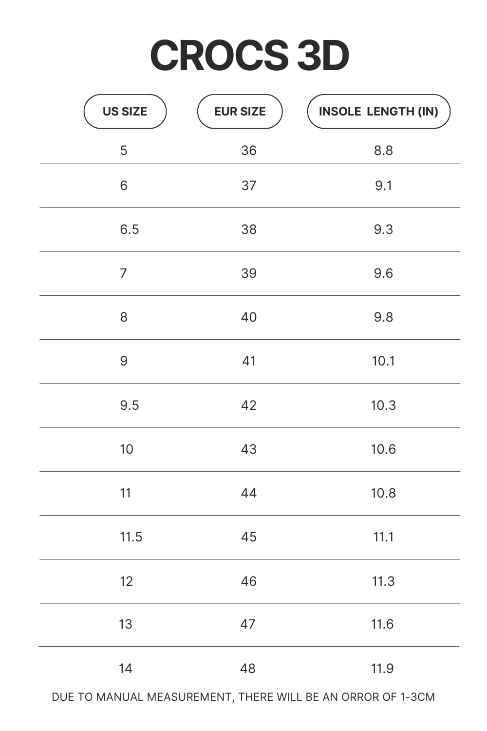 Crocs 3D Size Chart - Black Pink Gifts