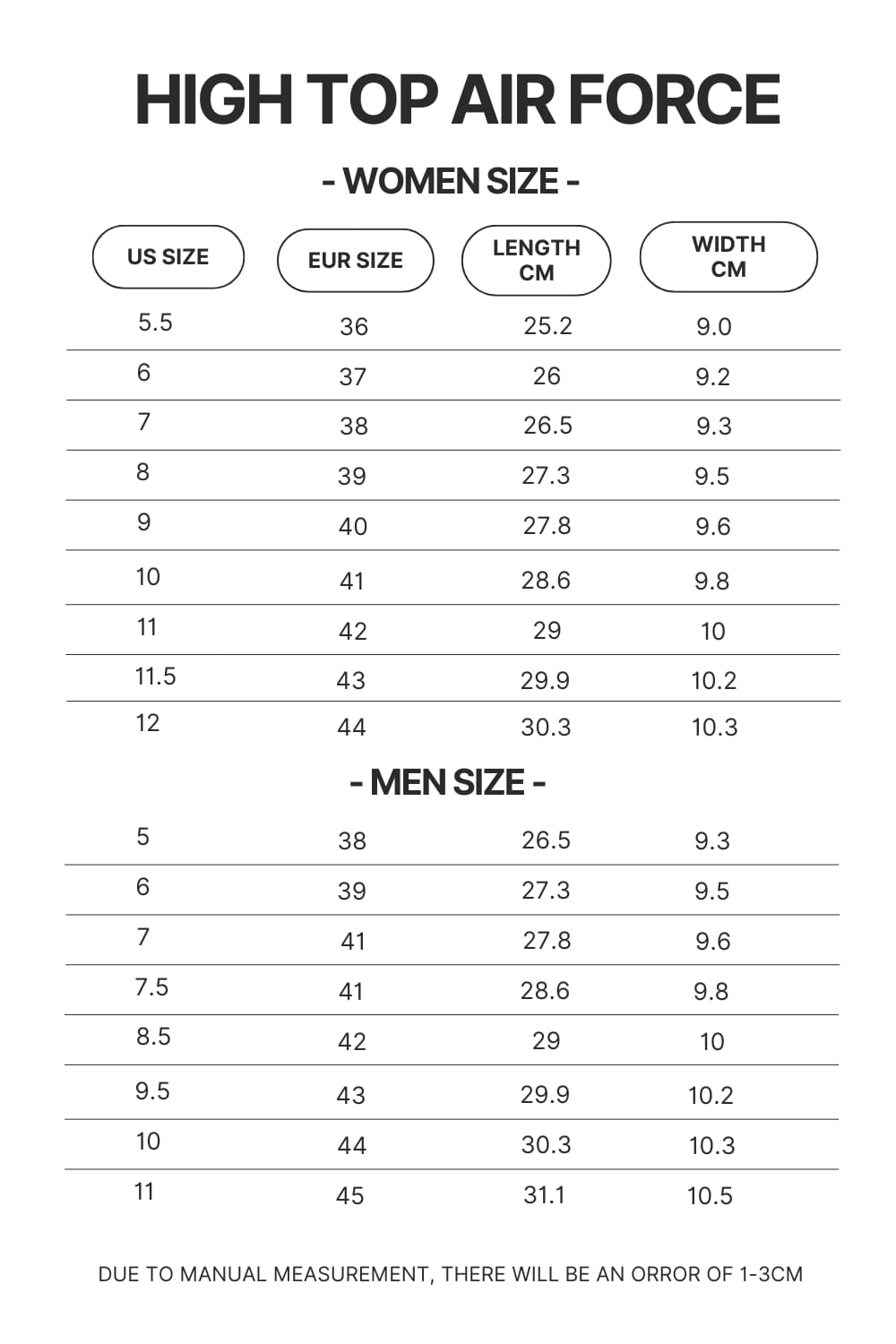 High Top Air Force Shoes Size Chart - Black Pink Gifts