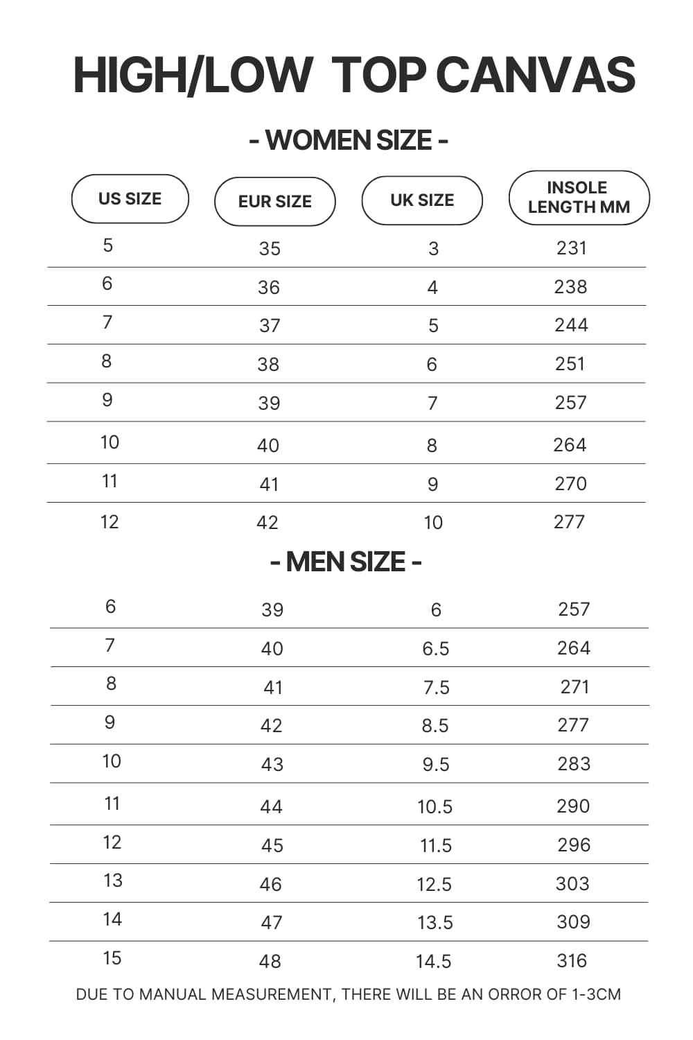 High Top Low Top Canvas Shoes Size Chart - Black Pink Gifts