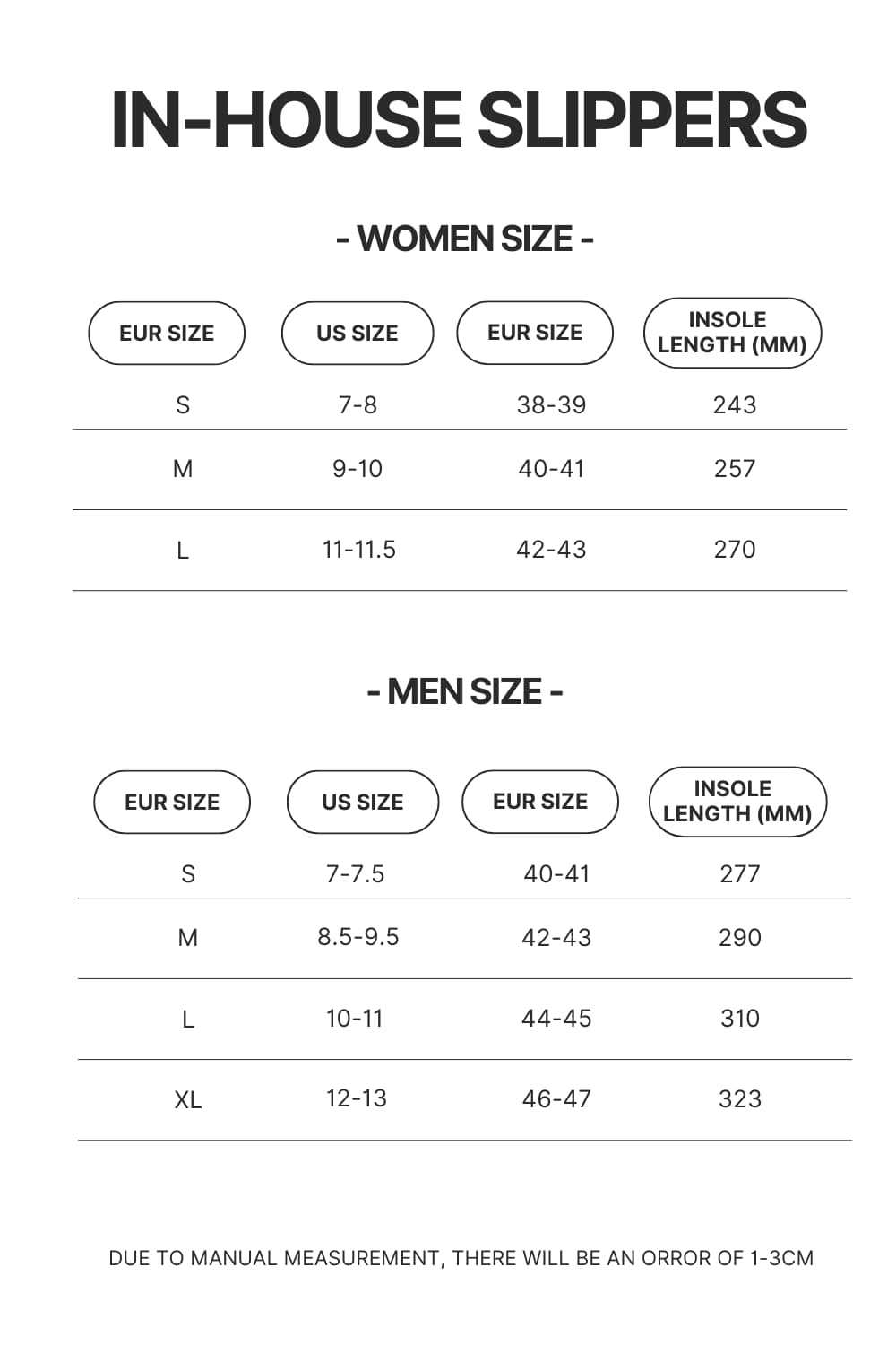 In House Slippers Size Chart - Black Pink Gifts