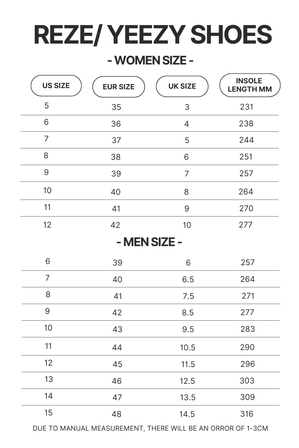 Reze Yeezy Shoes Size Chart - Black Pink Gifts